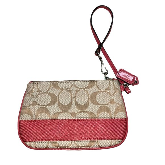 Coach Signature Beige & Pink Wristlet Bag With Zip Closure & Interior Pocket - Picture 2 of 8